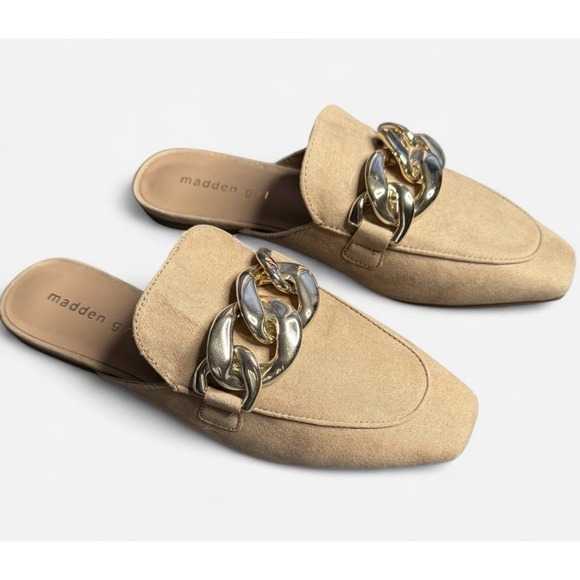 Madden Girl Shoes - Madden Girl Women's Tan Faux Leather Squireee Mule Gold Chain Size 8.5